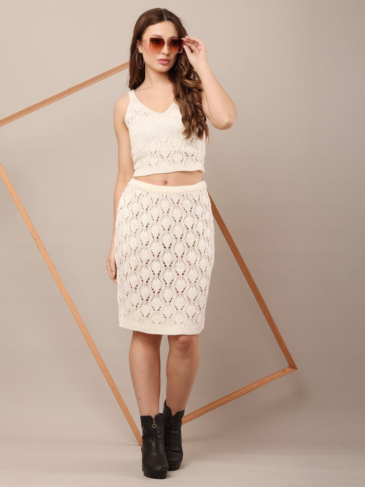 Cotton Sleeveless with V-Neck top and mini skirt Crochet White Co-Ord Set