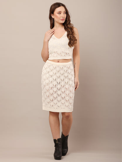 Cotton Sleeveless with V-Neck top and mini skirt Crochet White Co-Ord Set