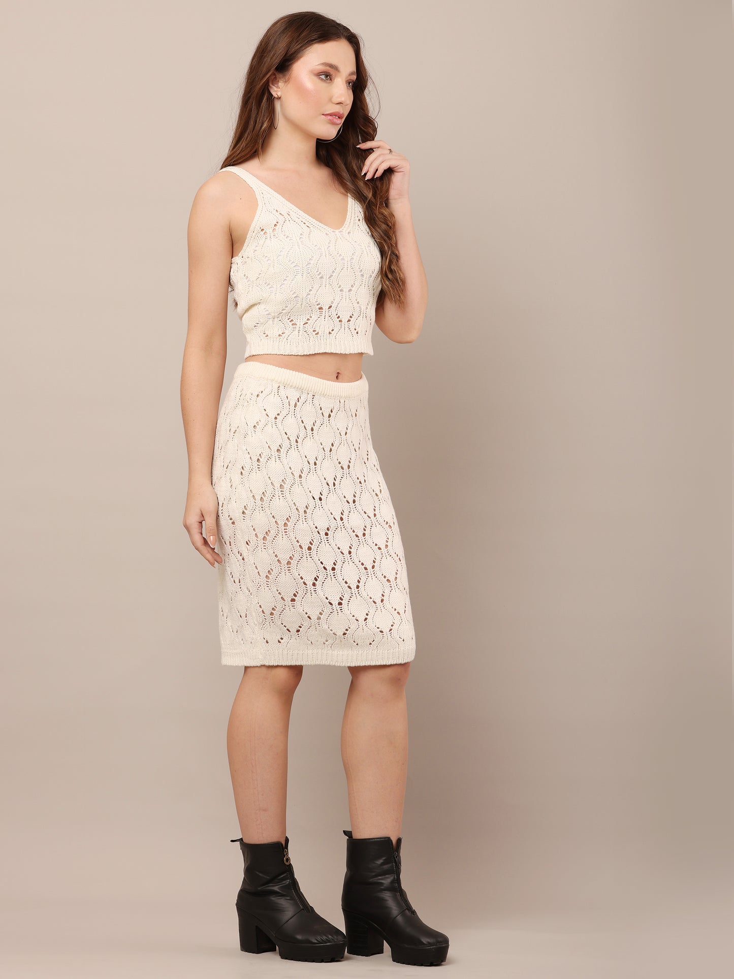 Cotton Sleeveless with V-Neck top and mini skirt Crochet White Co-Ord Set