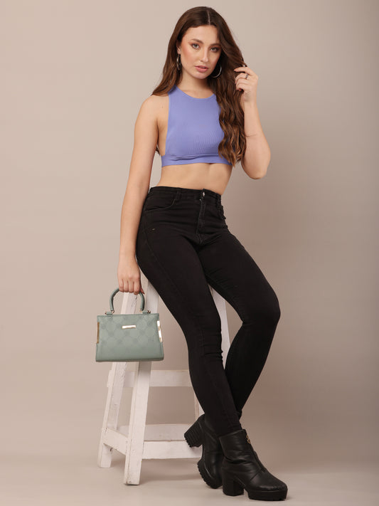 Polyamide Round Neck with sleeveless ribbed blue fitted crop Top