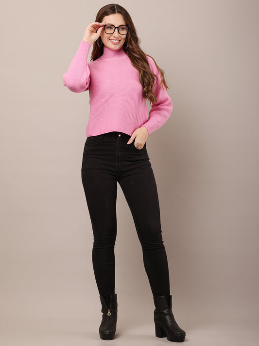 Acrylic Drop-Shoulder with full sleeve high neck pink sweater