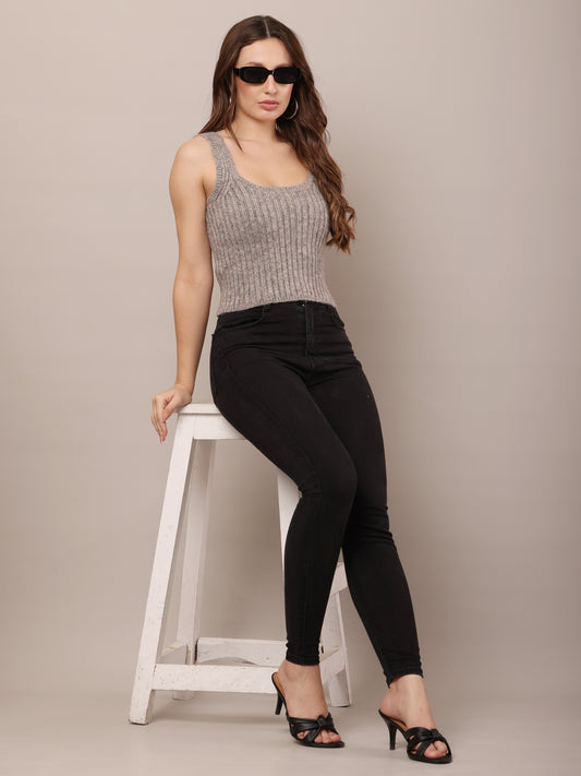 Acrylic Sleeveless with Square Neck Grey Crop Top