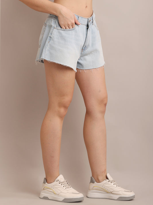 Cotton Light-Wash Distressed Denim Shorts