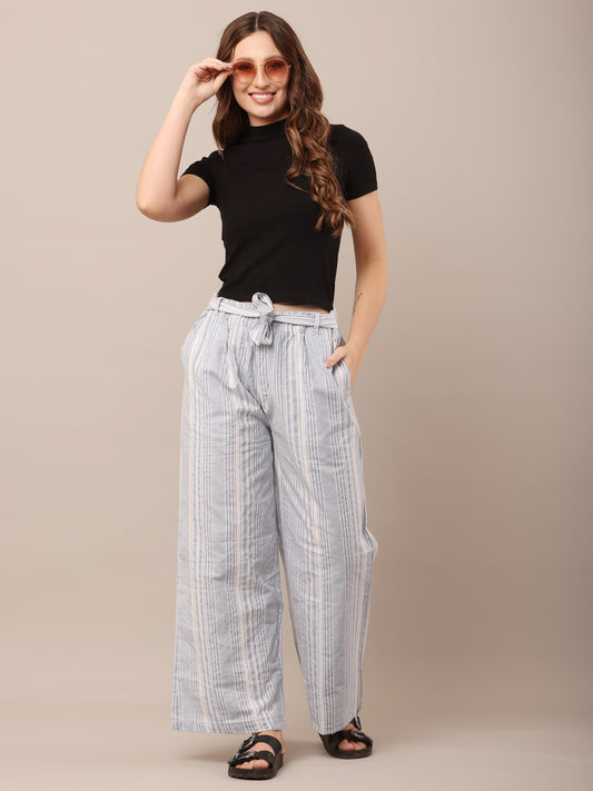 Cotton Blue and White Striped Parallel Pants