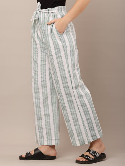 Cotton Green and White Striped Parallel Pants