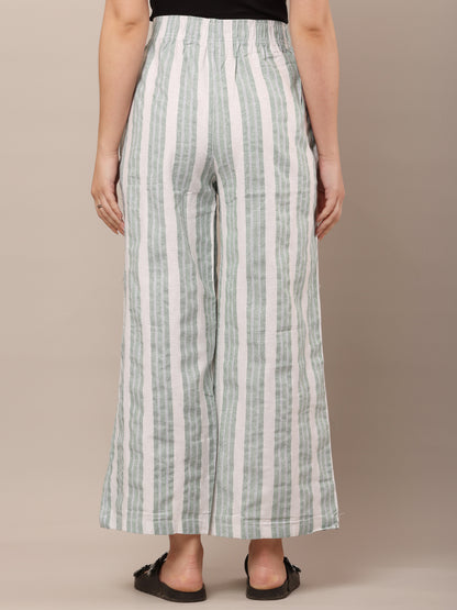 Cotton Green and White Striped Parallel Pants