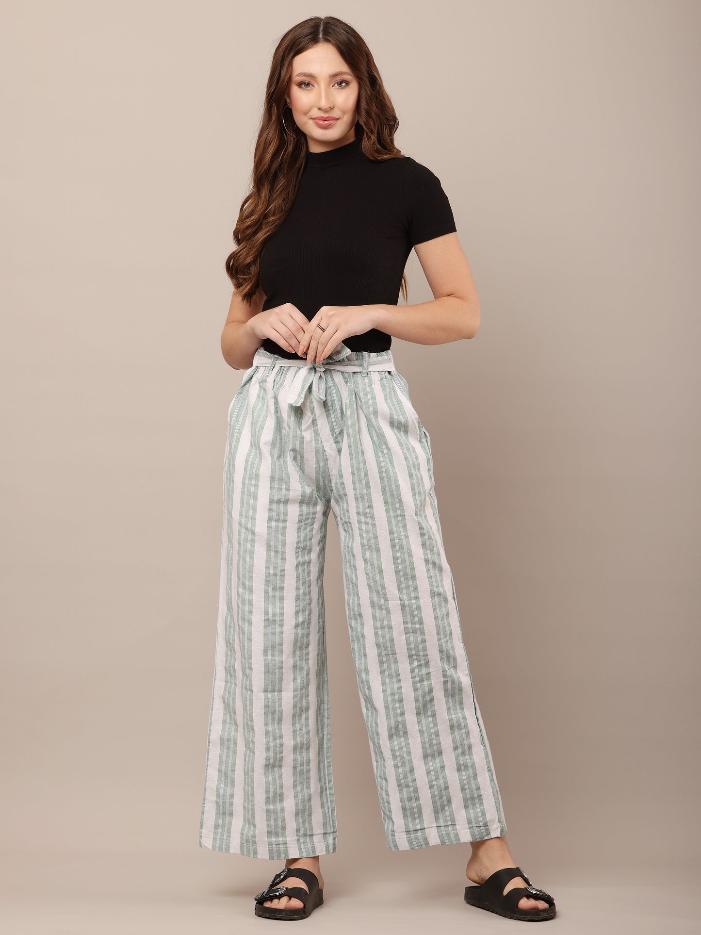 Cotton Green and White Striped Parallel Pants