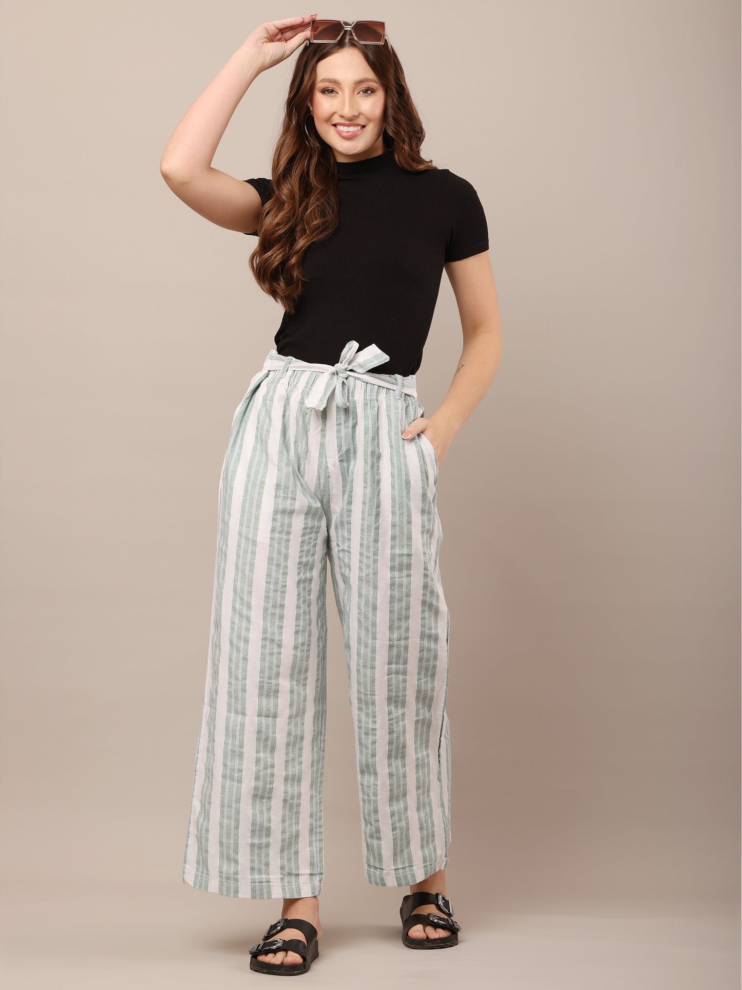 Cotton Green and White Striped Parallel Pants