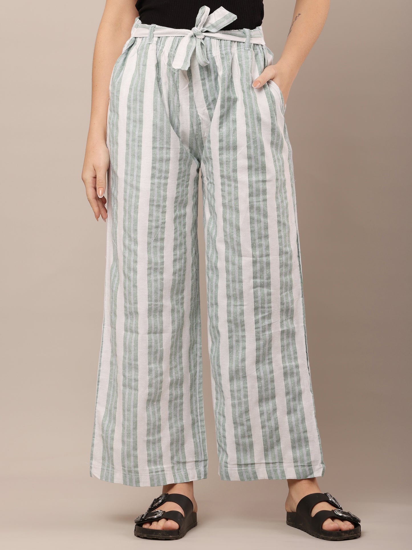 Cotton Green and White Striped Parallel Pants