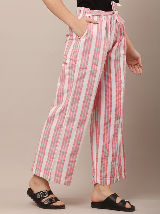 Cotton Red and White Striped Parallel Pants