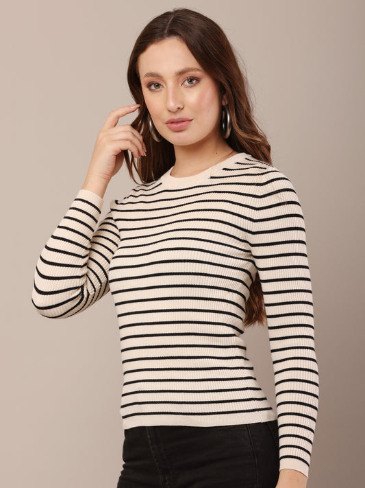 Viscose Full Sleeve with Round Neck stretchable Striped Black and white Sweater