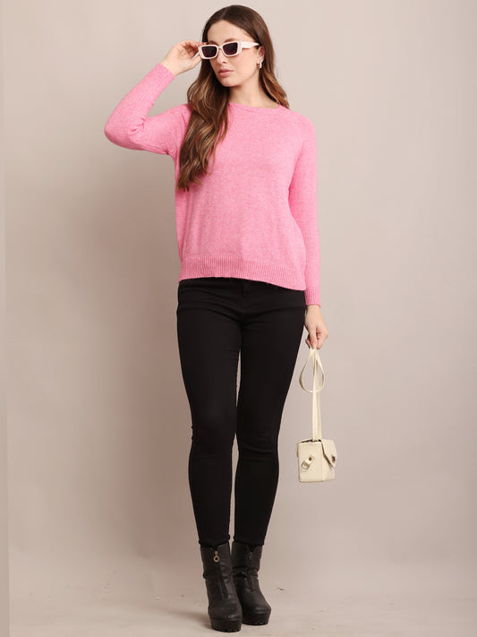 Polyester Full Sleeve with Round Neck Pink Sweater