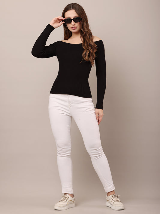 Viscose Full Sleeve with Knitted off Shoulder Black Top