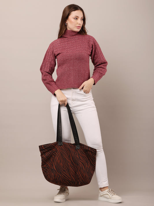 Acrylic Full Sleeve with high neck cable knit wine sweater