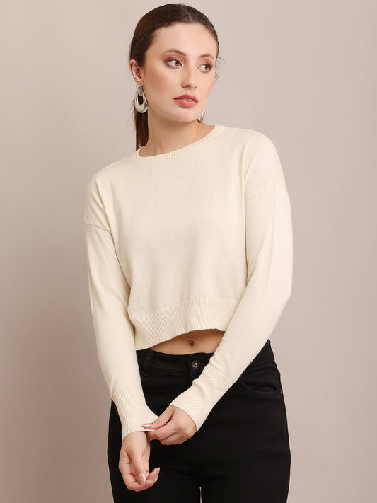 Viscose Full Sleeve Round Neck Crop Cream Sweater