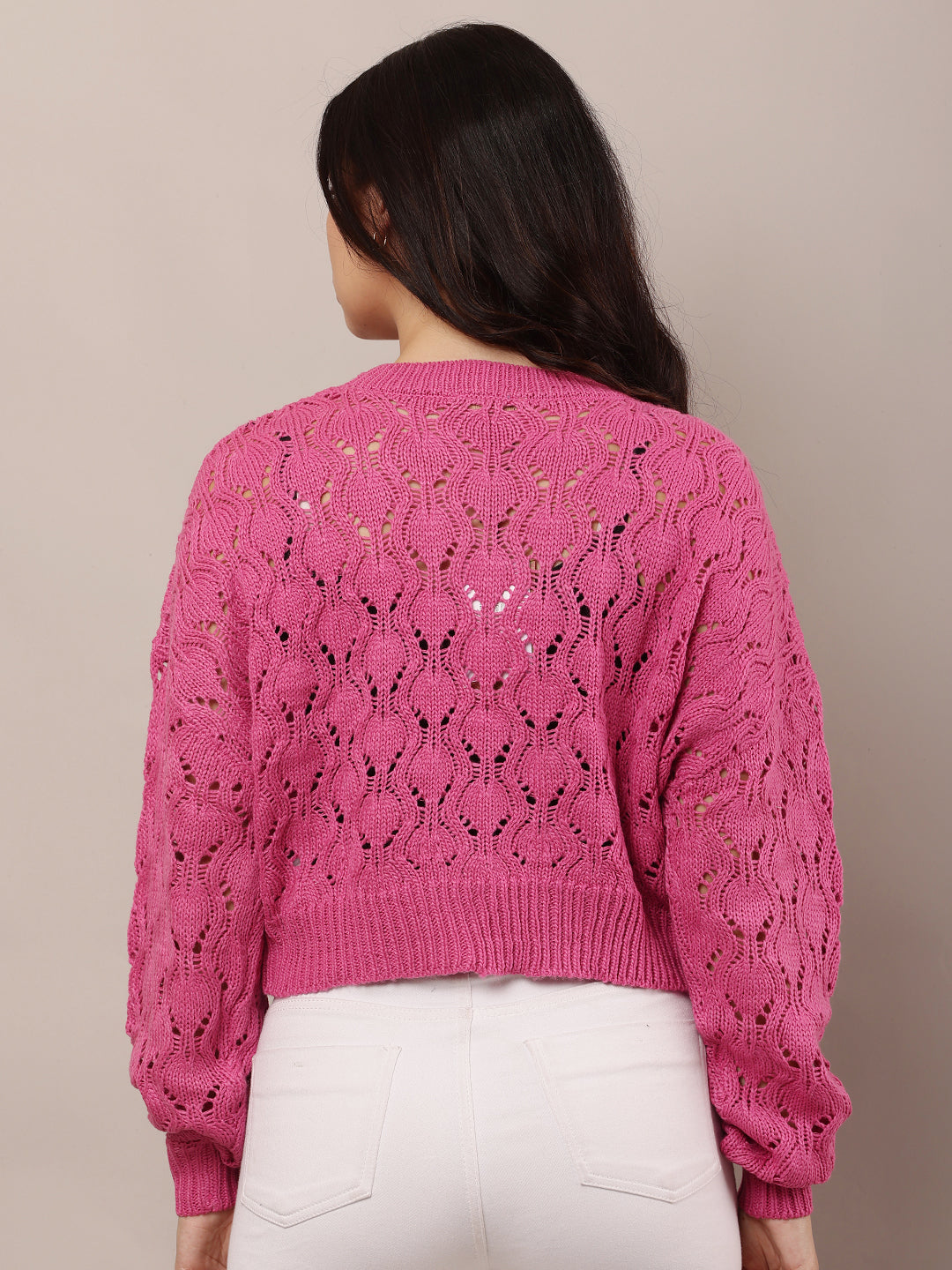 Cotton drop shoulder with full sleeve Crew neck Pink crochet knit sweater