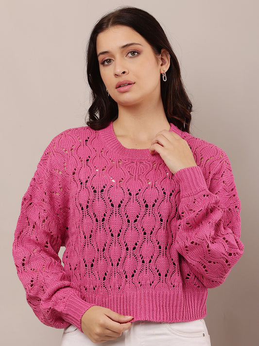 Cotton drop shoulder with full sleeve Crew neck Pink crochet knit sweater