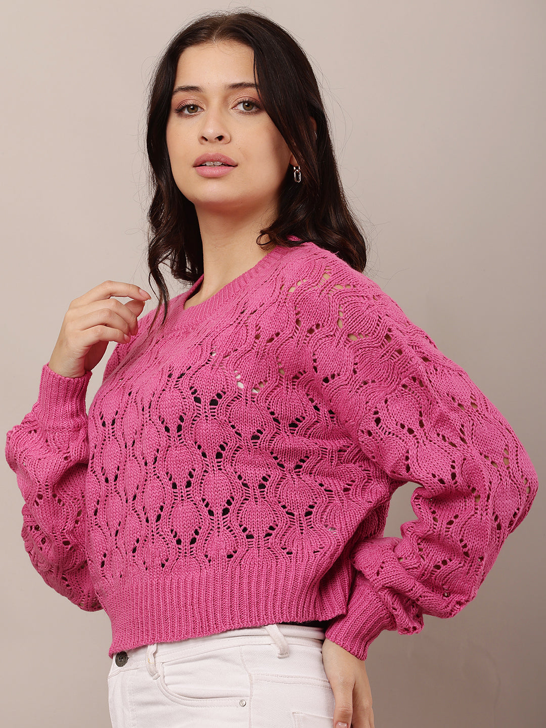 Cotton drop shoulder with full sleeve Crew neck Pink crochet knit sweater