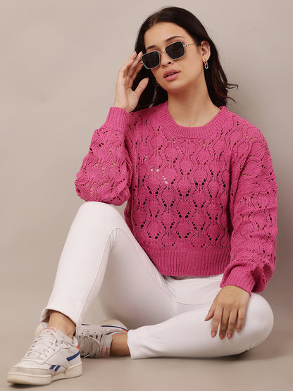 Cotton drop shoulder with full sleeve Crew neck Pink crochet knit sweater