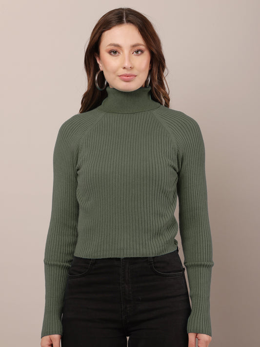 Cotton Raglan Full Sleeve with high-neck ribbed Dark Green sweater