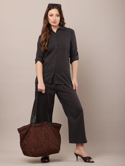 Black with Shirt Collar Long Sleeves shirt With Trouser Co-Ord Set