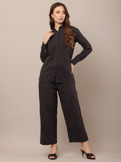 Black with Shirt Collar Long Sleeves shirt With Trouser Co-Ord Set