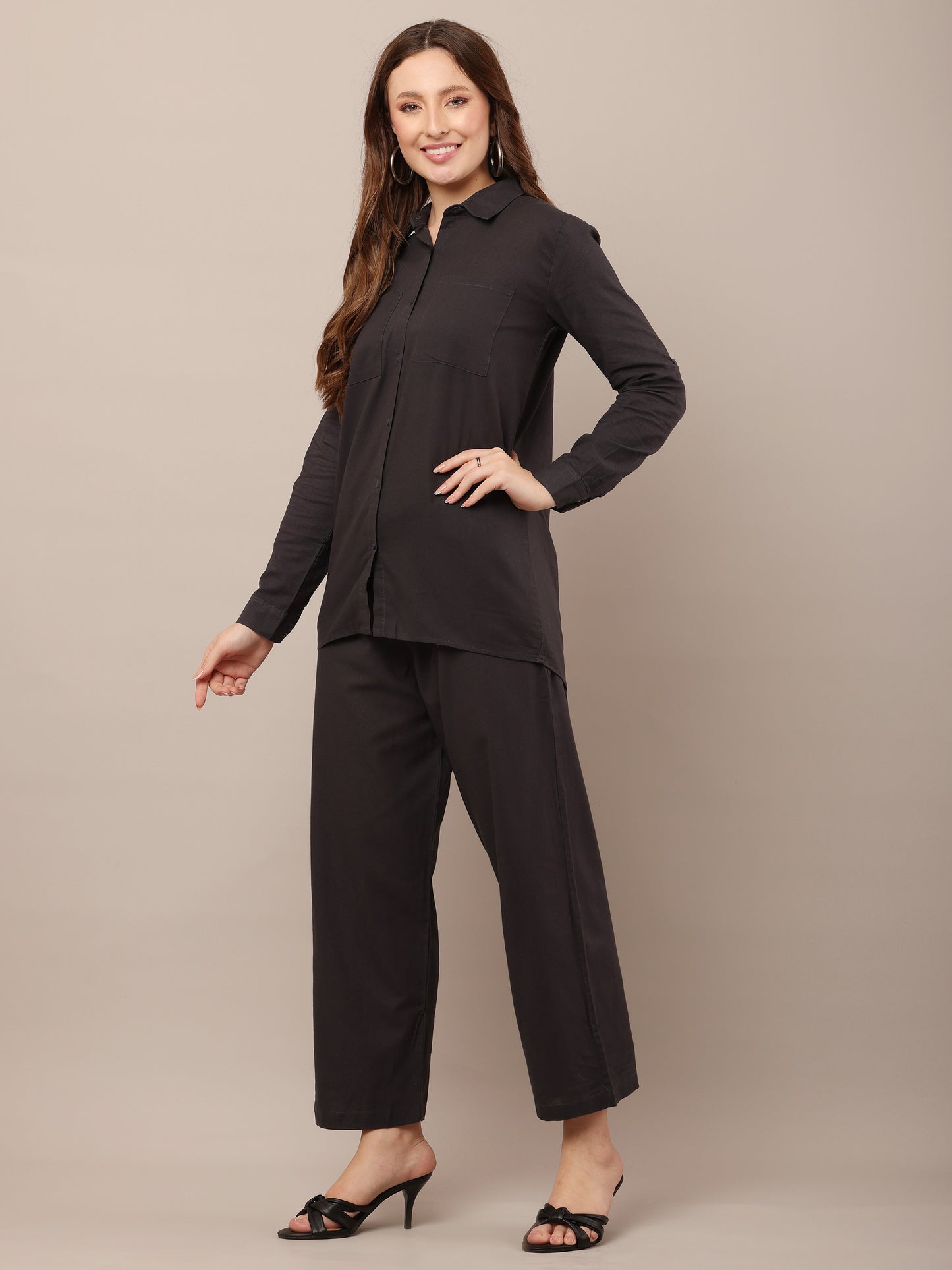 Black with Shirt Collar Long Sleeves shirt With Trouser Co-Ord Set