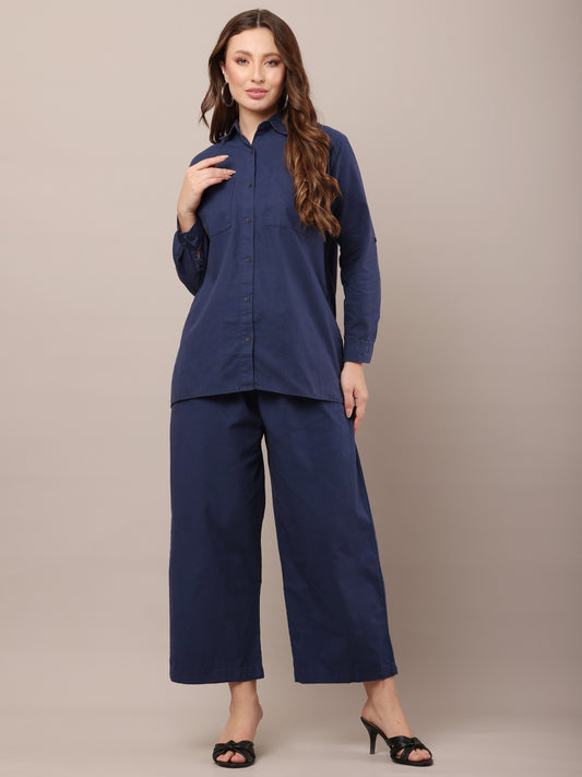 Blue with Shirt Collar Long Sleeves shirt With Trouser Co-Ord Set