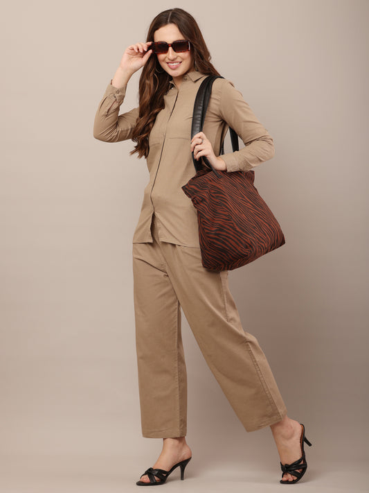 Brown with Shirt Collar Long Sleeves shirt With Trouser Co-Ord Set