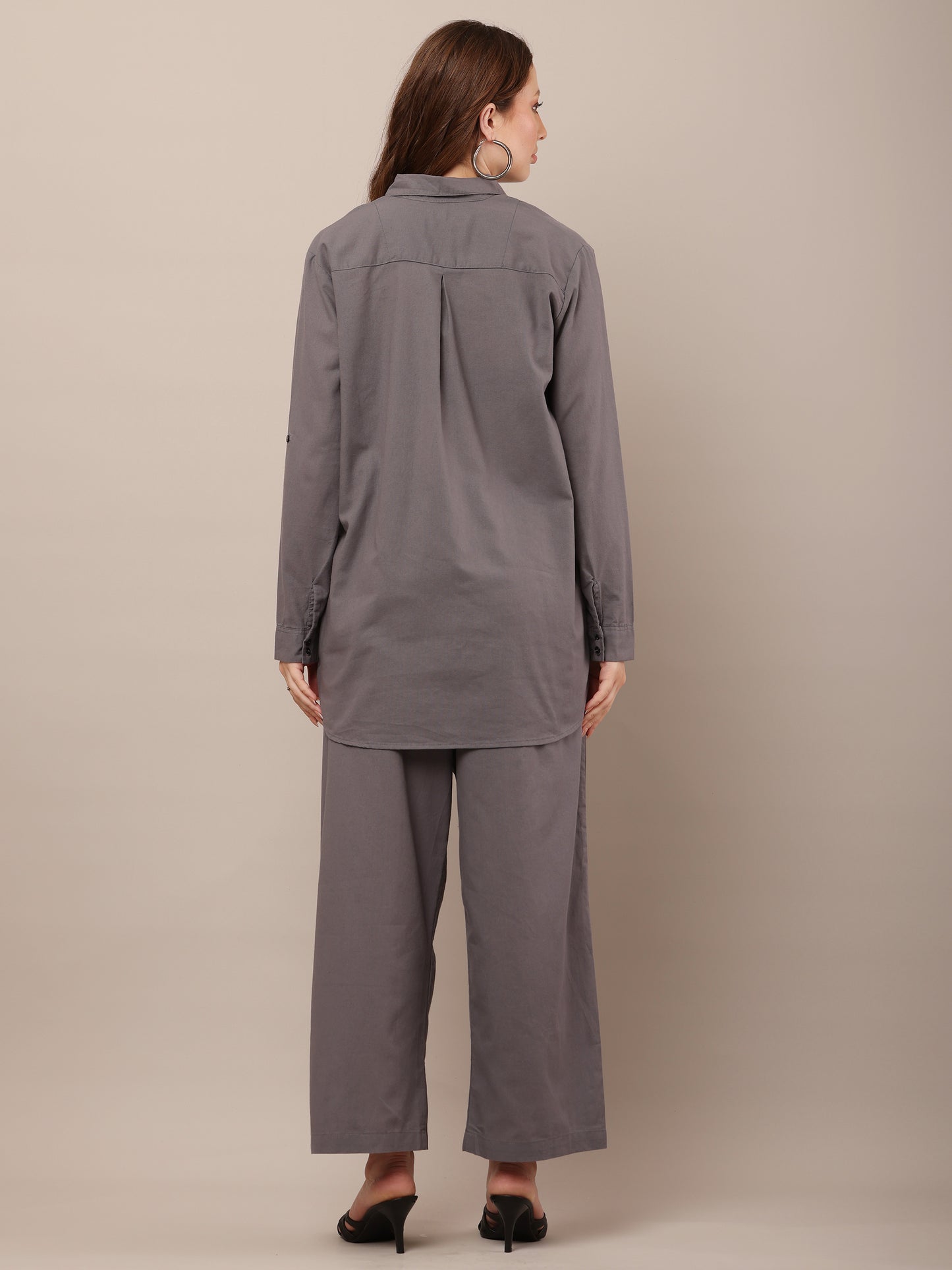 Grey with Shirt Collar Long Sleeves shirt With Trouser Co-Ord Set