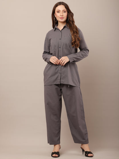 Grey with Shirt Collar Long Sleeves shirt With Trouser Co-Ord Set