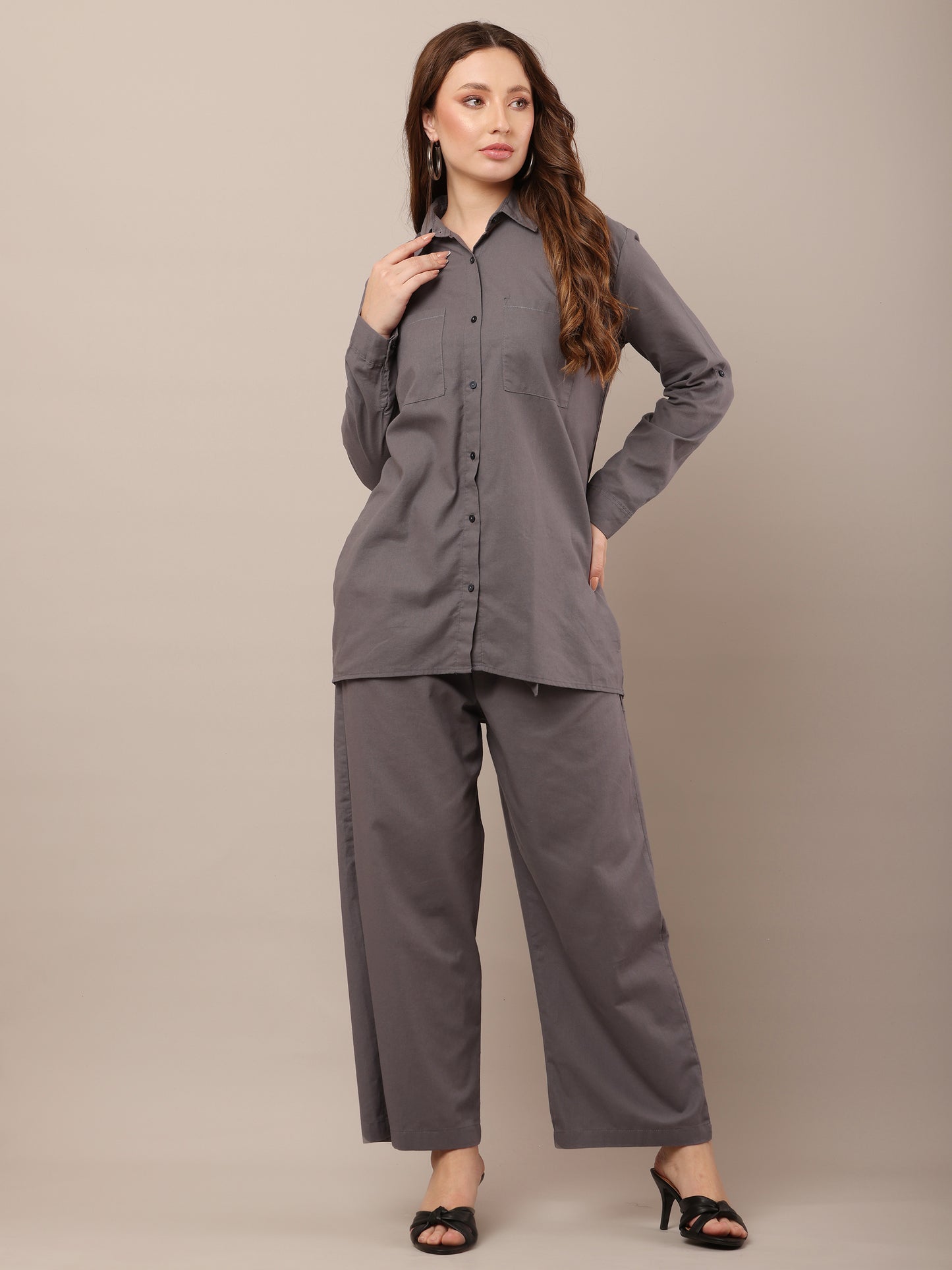 Grey with Shirt Collar Long Sleeves shirt With Trouser Co-Ord Set