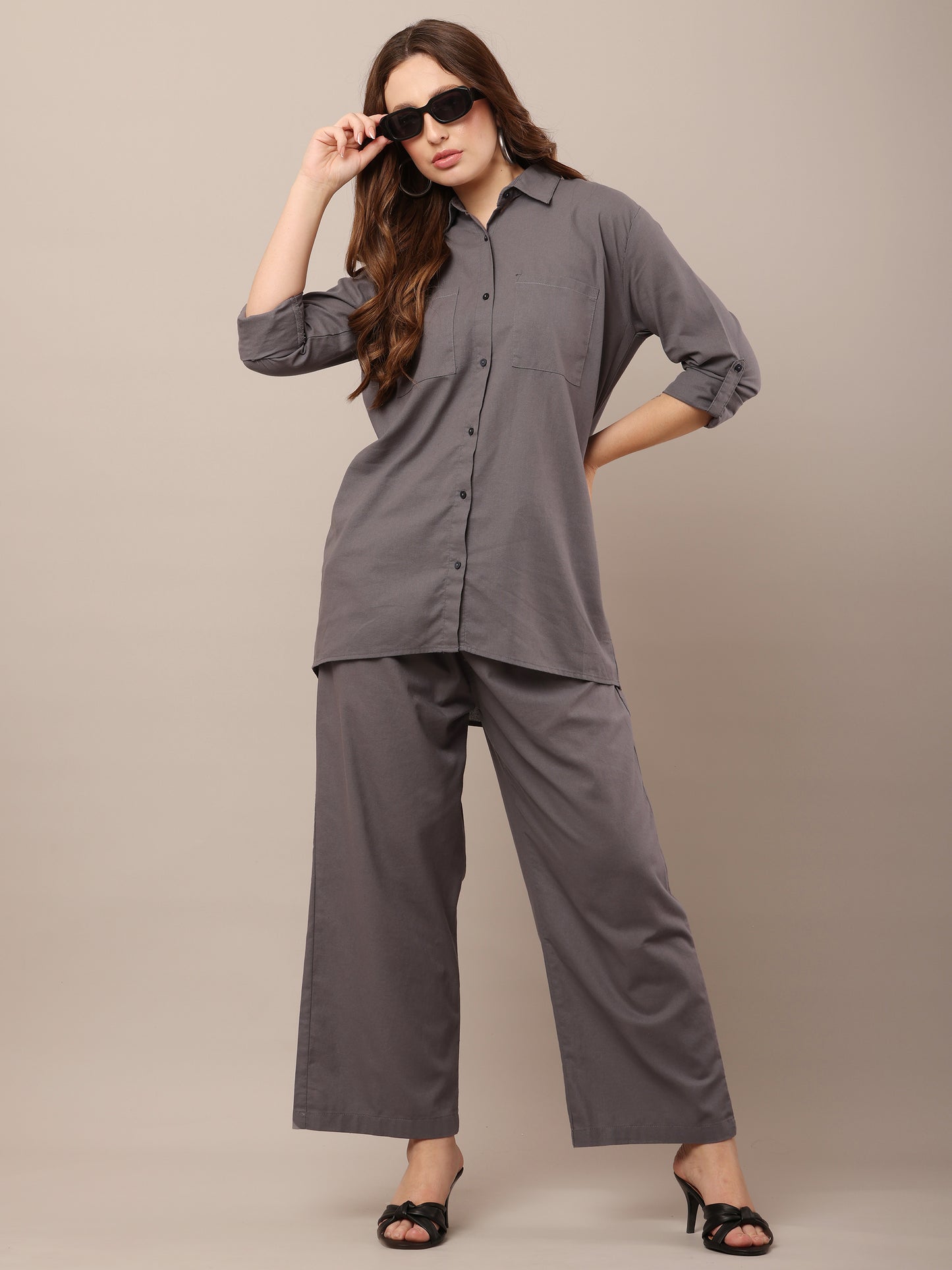 Grey with Shirt Collar Long Sleeves shirt With Trouser Co-Ord Set