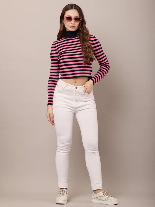 Viscose Full Sleeve with High-neck stripe Pink Sweater