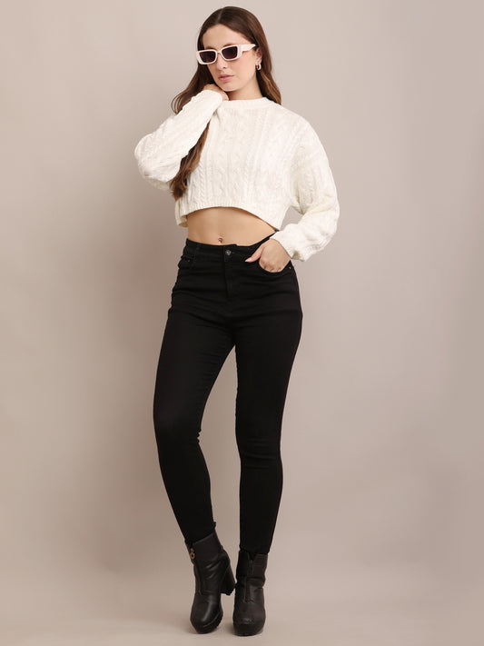 Acrylic Crew Neck with Full Sleeve Soft Cropped off-White sweater