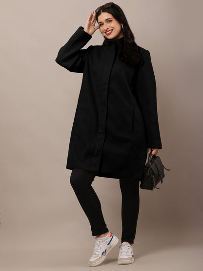 Polyester Full Sleeve with high Neck winter wears stylish Black Trench Coat