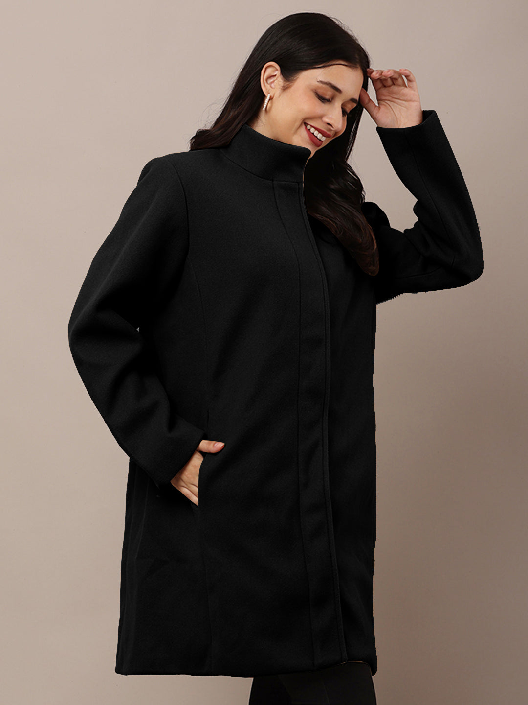 Polyester Full Sleeve with high Neck winter wears stylish Black Trench Coat