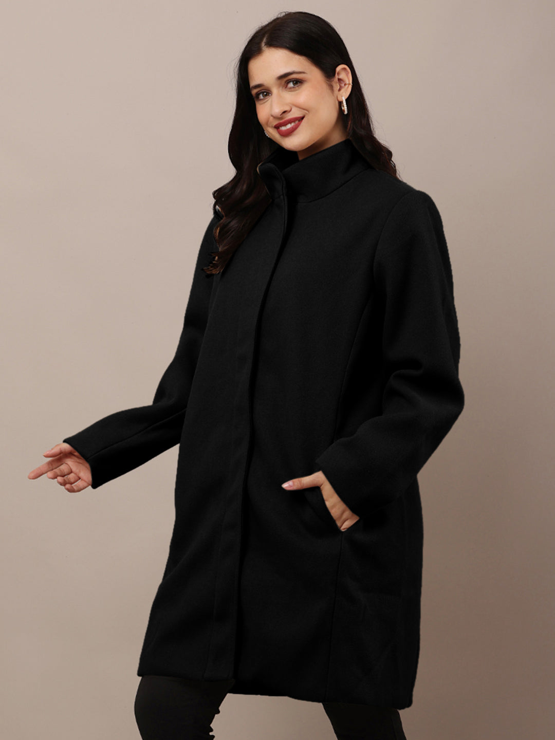 Polyester Full Sleeve with high Neck winter wears stylish Black Trench Coat