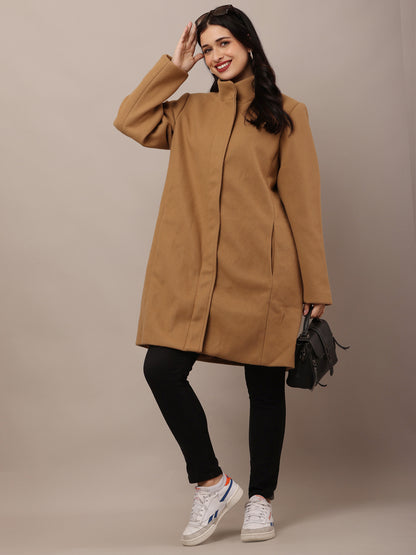 Polyester Full Sleeve with high Neck winter wears stylish Brown Trench Coat