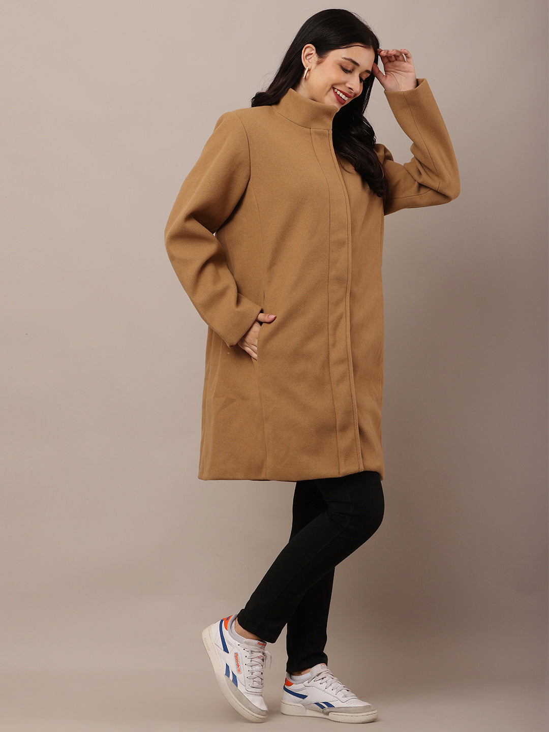 Polyester Full Sleeve with high Neck winter wears stylish Brown Trench Coat