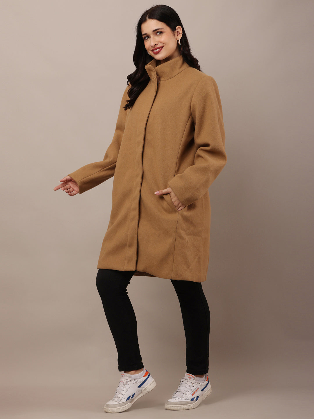 Polyester Full Sleeve with high Neck winter wears stylish Brown Trench Coat