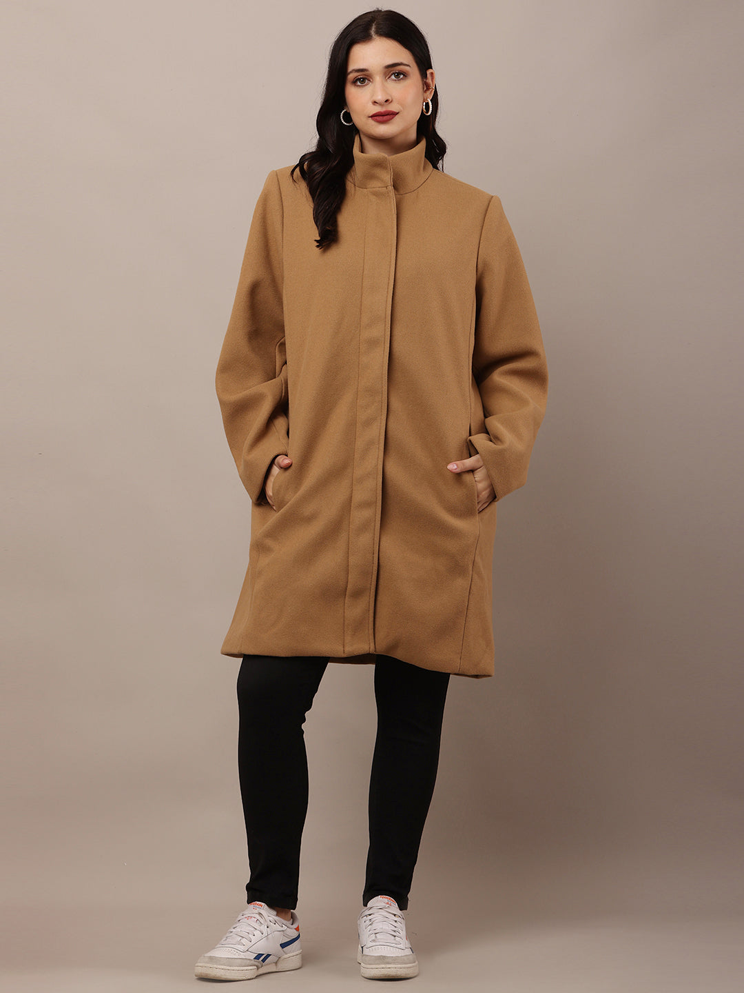 Polyester Full Sleeve with high Neck winter wears stylish Brown Trench Coat