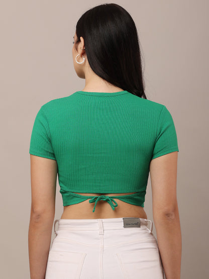 Cotton Round Neck with short sleeve ribbed green fitted crop top