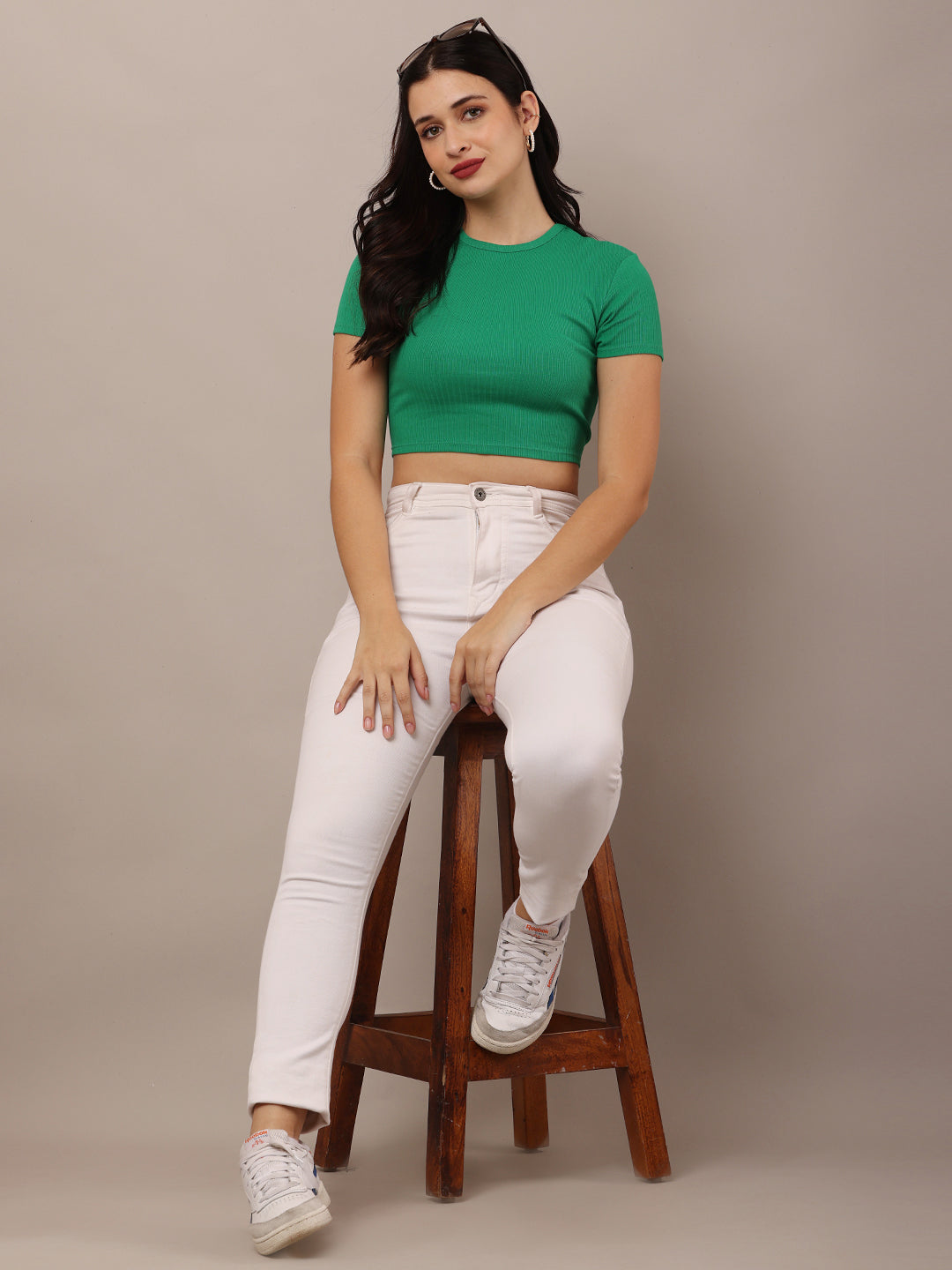 Cotton Round Neck with short sleeve ribbed green fitted crop top