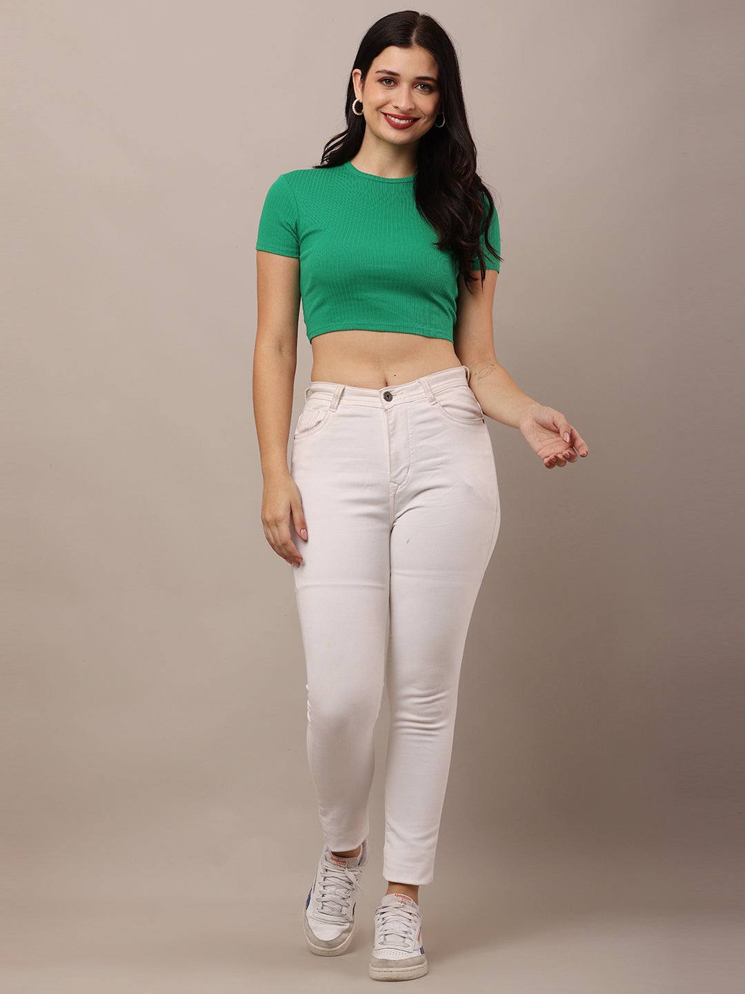 Cotton Round Neck with short sleeve ribbed green fitted crop top