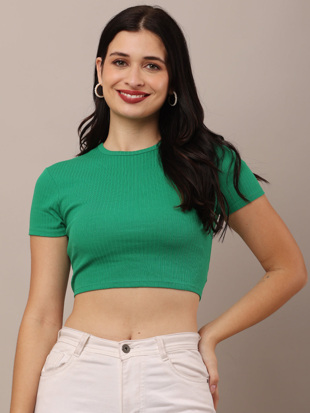 Cotton Round Neck with short sleeve ribbed green fitted crop top