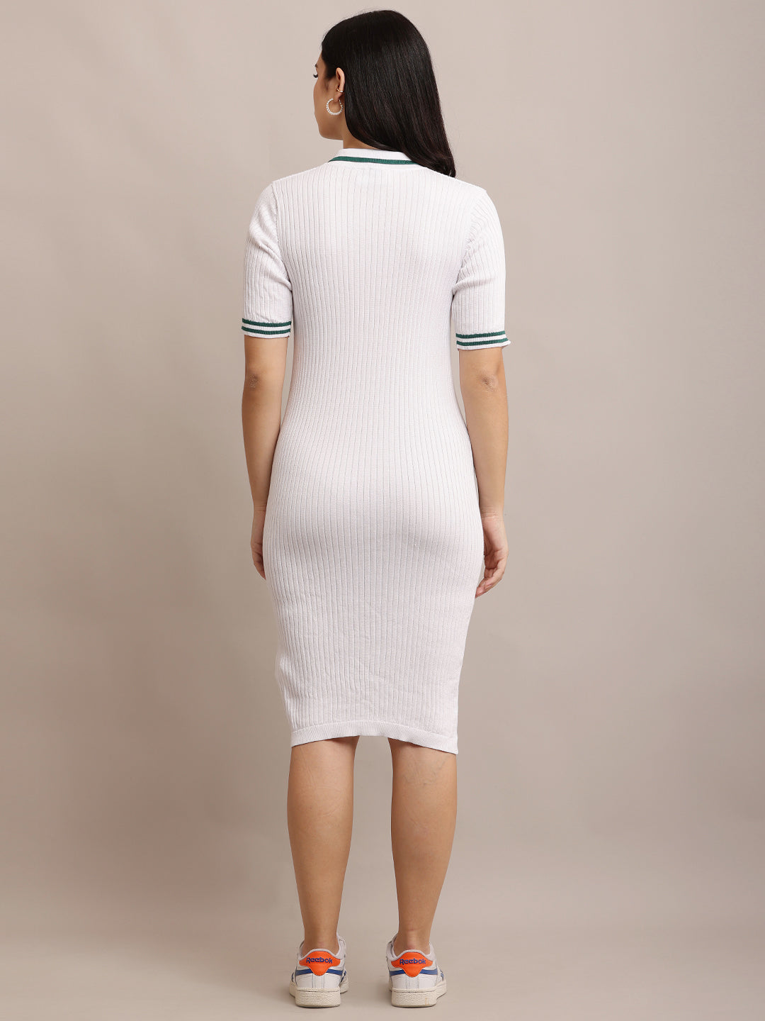 Viscose Shirt Collar with Short Sleeve Ribbed Sheath White Dress