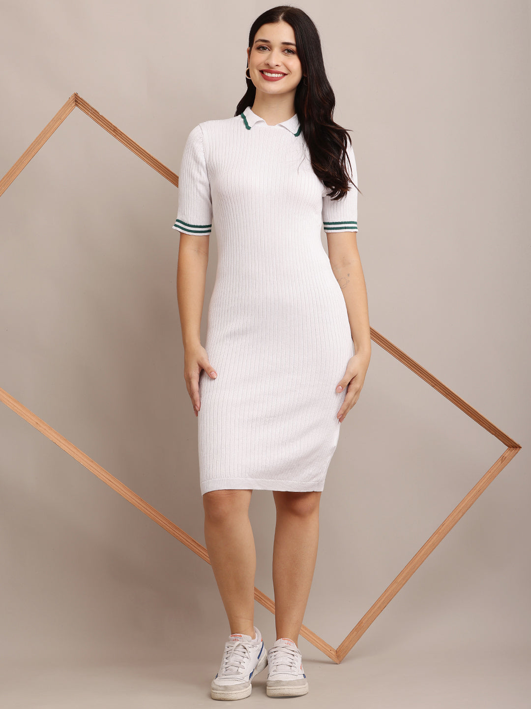 Viscose Shirt Collar with Short Sleeve Ribbed Sheath White Dress