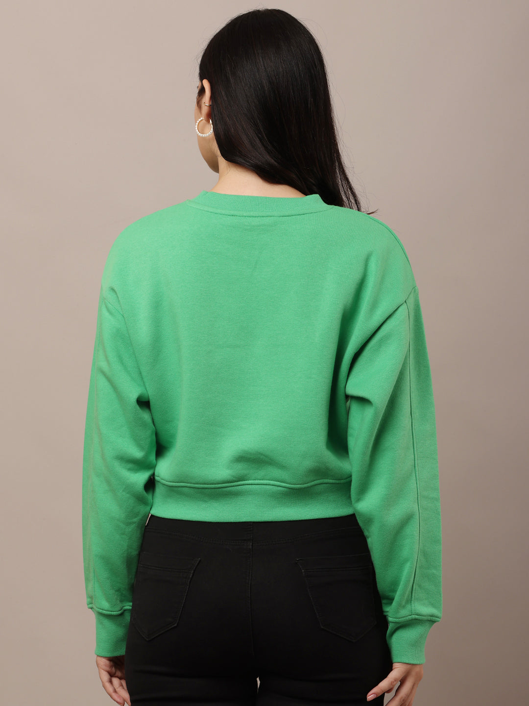 Cotton Full Sleeve with Round Neck Crop Green Sweatshirt