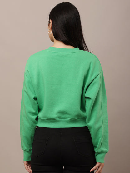 Cotton Full Sleeve with Round Neck Crop Green Sweatshirt